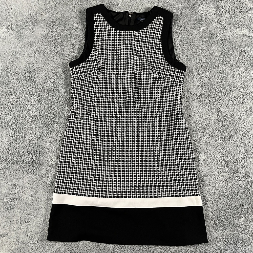 Tommy Hilfiger Shift Dress Womens M Black White Houndstooth Sleeveless Back Zip